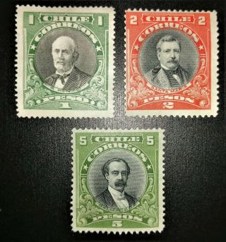 Chile 1911,  High Values Personalities,  1,  2 & 5 Peso,  No Gum,  Very Fine