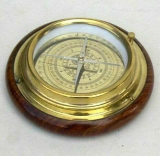 Nautical Marine Navigation Brass Compass With Wood Base Home Office Decor 6 "