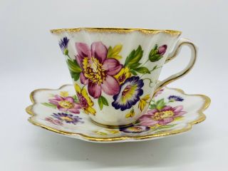 Vintage Rosina Fine Bone China England Floral Teacup And Saucer Pink Yellow Gold