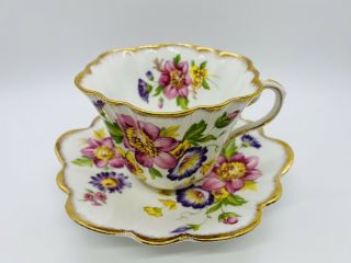 Vintage Rosina Fine Bone China England Floral TeaCup And Saucer Pink Yellow Gold 2