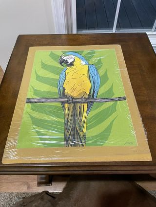 Jim Tillett Vintage Silk Screen Print Hand Painted Canvas Signed,  Macaw Parrot