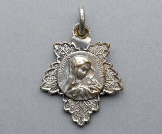 French,  Antique Religious Pendant.  Saint Virgin Mary.  Medal,  Vine Leaf.