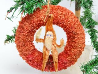 Antique Santa In Sisal Wreath Christmas Ornament,  Hand Painted Clay Face