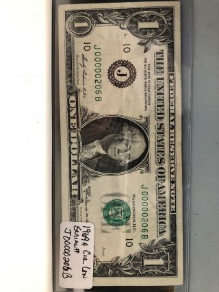 1969 A $1 Ultra Low Serial Number Currency - J 00000206 B ， Rare！