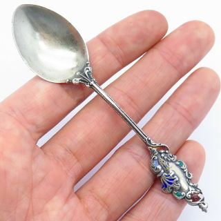 Antique Victorian 925 Sterling Silver Enamel Repousse Demitasse Spoon