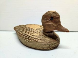 Antique 19th C.  Primitive Hand Carved Wooden Duck Decoy Tucked Head Short Body