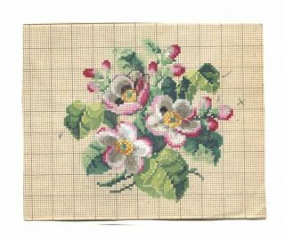 Antique Berlin Woolwork Hand Painted Chart Pattern Pink Blossoms