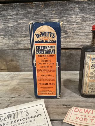 Antique 1930 ' S DeWITT ' S CREOSANT COUGH SYRUP Medicine Bottle Apothecary w/box 3
