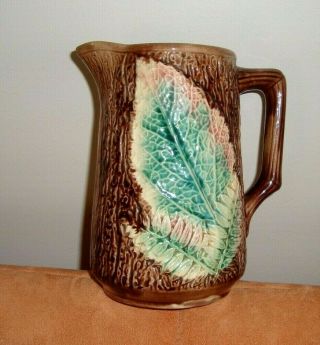 Fabulous Large Antique Majolica Milk Or Water Pitcher Bark And Leaves