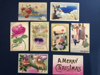 8 Christmas Antique Postcards Embossed Gold Trim,  Glitter Air Brushed