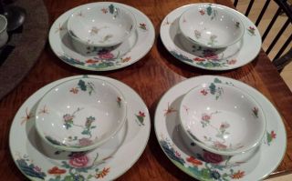 Antiques Wood & Sons Burslem England Set Of 4 Plates & 4 Bowls Dragonfly Flowers