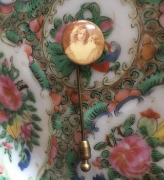 Young Girl W/ Doll Antique Photo Victorian Era Stick Hat Pin Brooch Jewelry