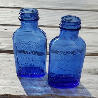2 Antique Phillips Milk Of Magnesia Cobalt Blue Glass Medicine Bottles