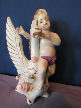 Vintage Vcagco Porcelain Swan & Boy Victorian Ceramic Figurine Gold Trim Japan