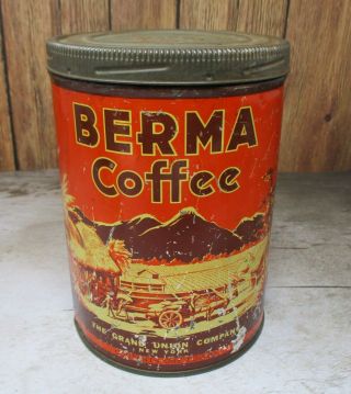 Antique Berma Grand Union Tall Coffee Tin Litho Can 1 Lb.  Bright Orange