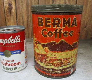 Antique BERMA Grand Union TALL Coffee Tin Litho Can 1 Lb.  Bright Orange 3