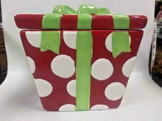 Rare 8 " Christmas Gift Box Present Package Ceramic Cookie Jar By Real Home