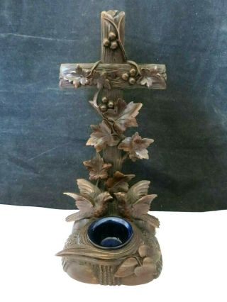 Rare Carved Black Forest Holy Water Font With Two Birds Nest 11 " Or 28 Cm High