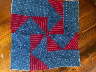 Antique Fabric Quilt Block Pinwheel Indigo Blue Cranberry Red Calico 12x12