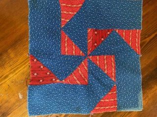 Antique Fabric Quilt Block Pinwheel Indigo Blue Turkey Red Calico 12x12