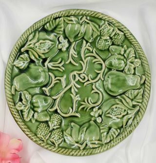Antique Green Majolica Decorative Plate With Pears And Other Fruit 9 1/2 Inches