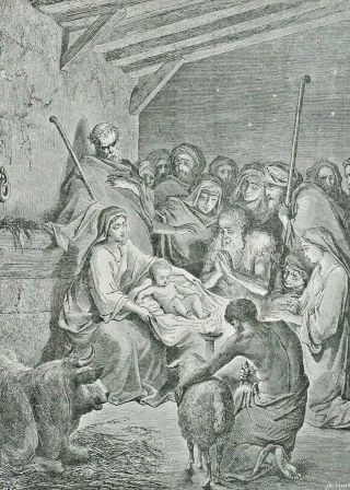 Antique Christmas Nativity 1880 Birth Of Christ Religious Holiday Art Engraving