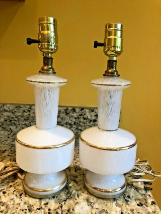 Pair Mid Century Modern White Glass Table Lamps With Gold Trim - 13 "
