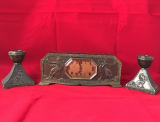 Rare Lux Mantle Clock With Candlesticks Griffin Art Deco Gothic Clock