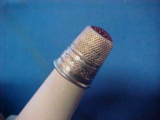 19thc Victorian Era Sterling Thimble W Red Glass Inset Top Germany Size 7