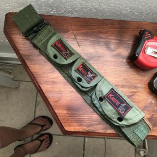 Vintage Compass Matches Knife Army Ammo Utility Green Canvas Belt Pockets Rare