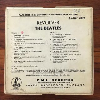 THE BEATLES Revolver REEL TO REEL 1966 RARE MONO 3 3/4 TAPE RECEIPT TWIN TRACK 3
