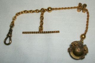 Antique Victorian Pocket Watch Orb Fob Chain Gold Tone With Sterling Clip