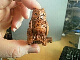 Hand Carved Box Wood Netsuke Owl Sitting On A Branch Collectable Bird Figure.  1
