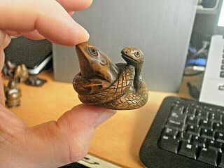Hand Carved Wood Netsuke Snake Caught Frog In Coils Collectable Figure