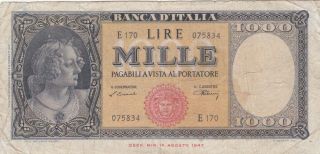 1000 Lire Vg - Fine Banknote From Italy 1947 Pick - 83 Rare