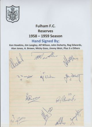 Fulham 1958 - 1959 Season Rare Autographed Book Page 12 X Signatures