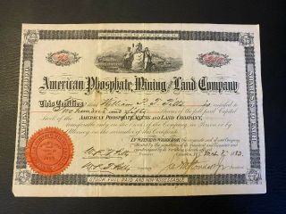 1883 American Phosphate,  Mining & Land Co.  Stock Certificate Rare Jersey