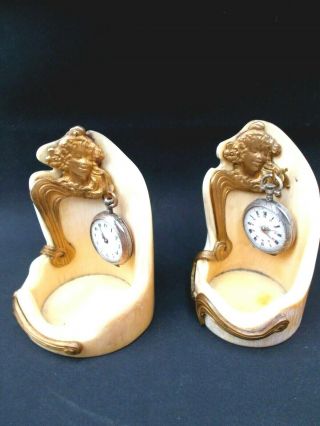 Rare Paire " Art Nouveau " Portes Montre Gousset Pocket Watch Stand Holder