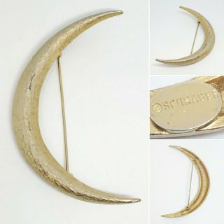Rare Vintage Designer Signed Schrager Crescent Moon Metal 3 1/4 " Brooch Pin