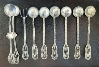 Antique Silver Filigree Demitasse 6 Spoons 1 Fork 1 Sugar Tong Serbian/turkish