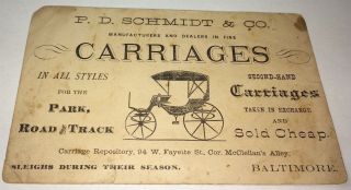 Rare Antique Victorian American Carriage Co Advertising Baltimore,  Md Trade Card