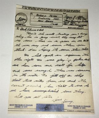 Rare Vintage World War II American Vmail Letter WWII Man Overboard Rescue US 2