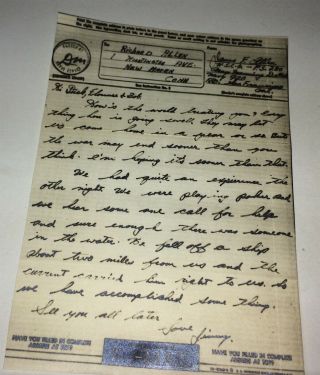 Rare Vintage World War II American Vmail Letter WWII Man Overboard Rescue US 3