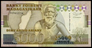 Madagascar 25000 Francs = 5000 Ariary 1993 Vf,  P.  74a Rare Banknote