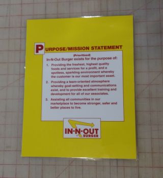 Rare Vintage In - N - Out Burger Laminated Mission Purpose Statement