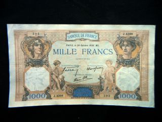 1938 France Extra Large Banknote 1000 Francs Xf Rare In