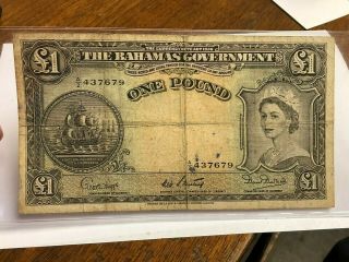 1936 (nd 1953) Bahamas Government One Pound,  Qeii,  Rare Banknote,  P - 15b