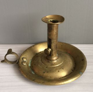 Antique Pressed Brass Push - Up Chamberstick Riveted Candle Holder Heavy Patina