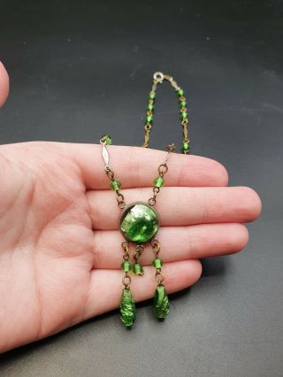 Vintage Antique 1930s Art Deco Green Foil Glass Necklace