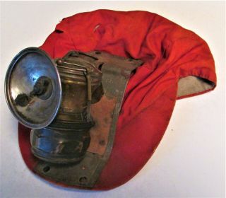 Antique Orange Cloth Miners Cap With Brass Auto - Lite Carbide Lamp